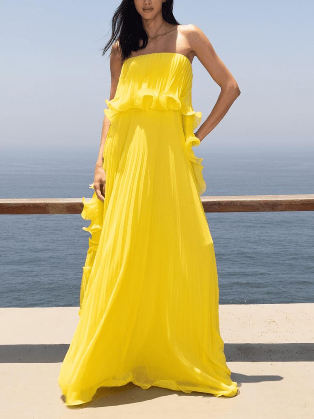 Aurohaya Elegant Chiffon Pleated Wavy Ruffles Trim Strapless Loose Maxi Dress