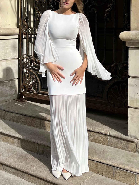 Aurohaya Elegant Pleated Cape Chiffon Maxi Dress