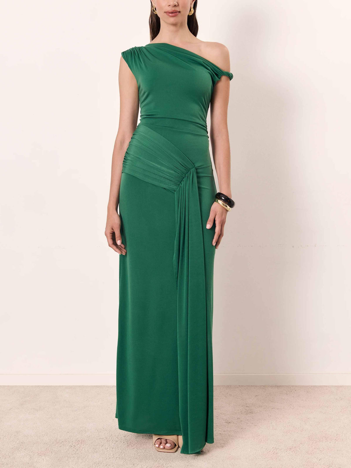 Aurohaya Elegant Asymmetric Neckline Satin Knit Pleated Maxi Dress