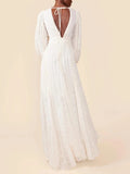 Elegant V-neck Pleated Long-sleeved Maxi Dress