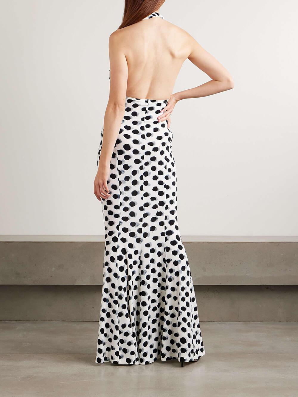 Aurohaya Elegant Cutout Polka Dot Print Stretch Halter Maxi Dress