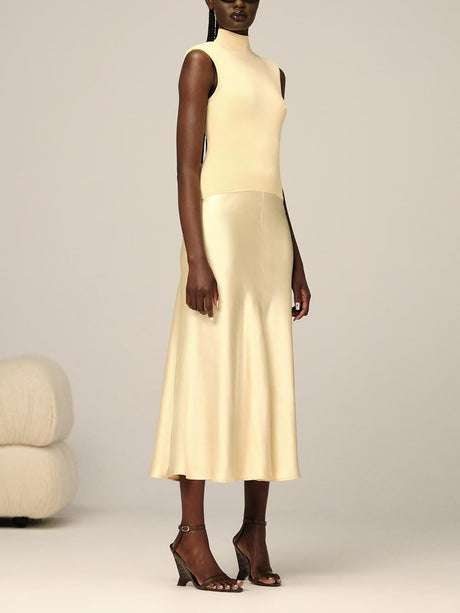 Aurohaya Elegant Knitted Satin Spliced Low-Waist Midi Dress Yellow