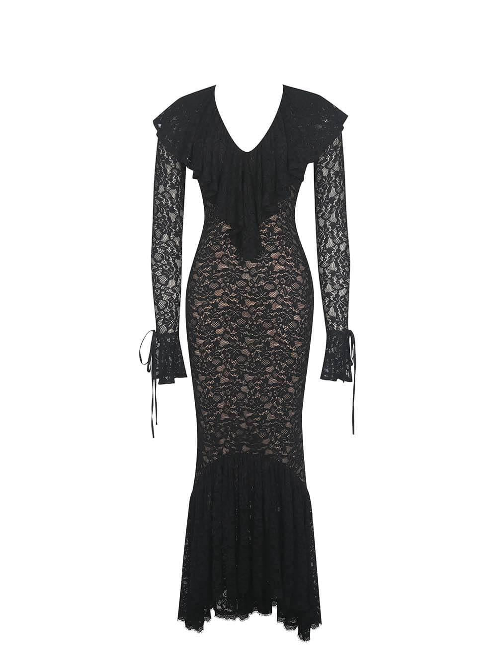Aurohaya Exquisite Black Lace Ruffle Mermaid Maxi Dress