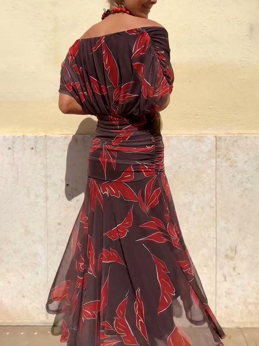 Aurohaya Elegant Off-Shoulder Ruched Leaf Print Maxi Dress