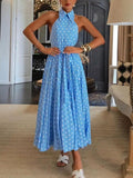 Aurohaya Elegant Polka Dot Print Open Back Puffy Maxi Dress Blue