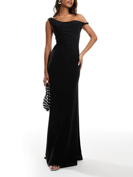 Aurohaya Elegant Off-Shoulder Twist Back Tie Maxi Dress Black