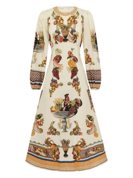 Aurohaya Casual Island Bloom Tropical Fruit Patchwork A-Line Maxi Dress