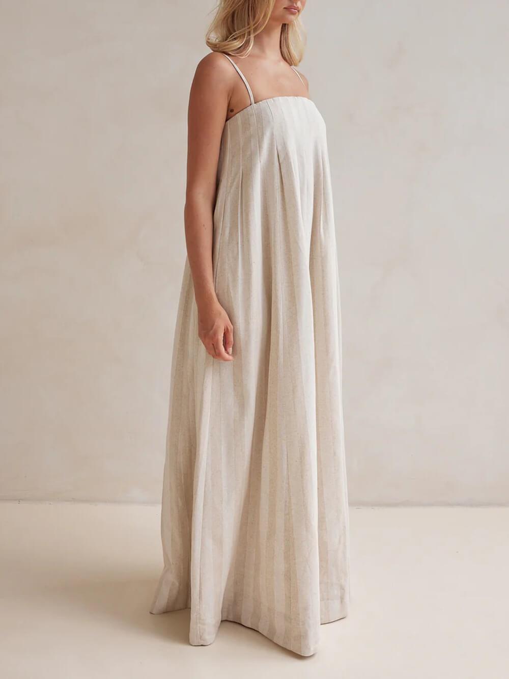 Aurohaya Delicate Striped Patchwork Ruched Casual Cami Maxi Dress