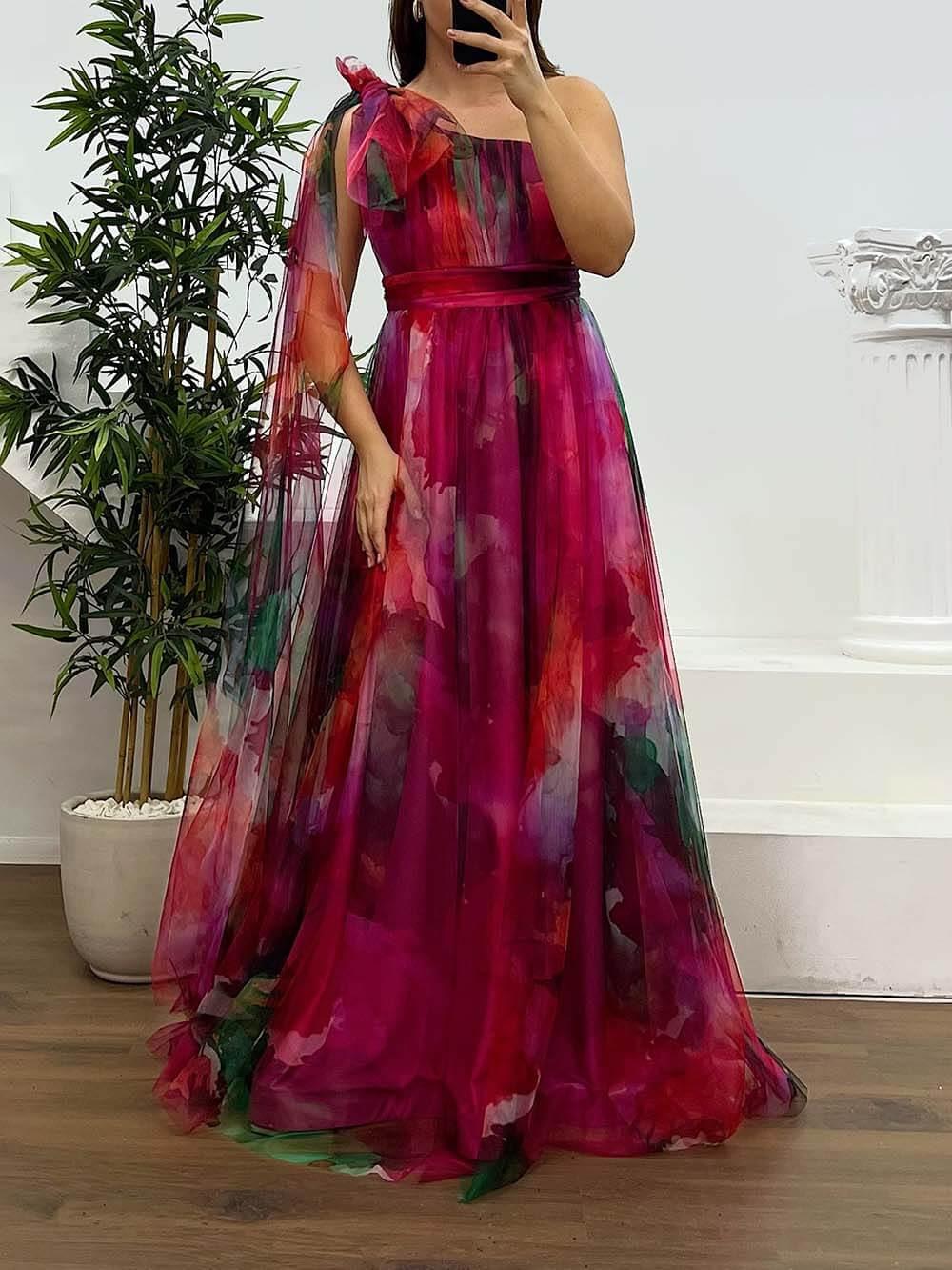 Aurohaya Elegant Printed One-Shoulder Chiffon Plus Size Tulle Evening Dress Red