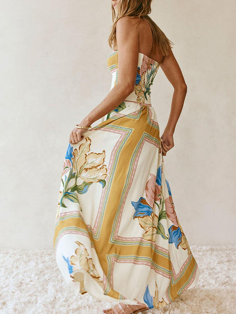 Aurohaya Elegant Off-Shoulder Printed Ruched A-Line With Pockets Maxi Dress