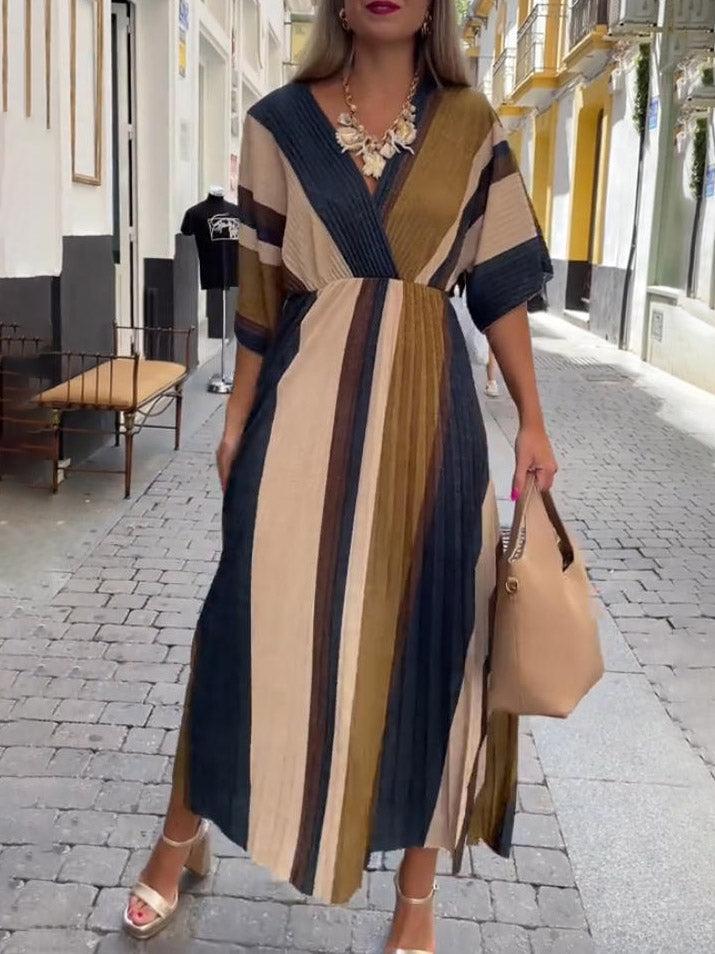 Aurohaya Elegant Irregular Stripe Print Pleated Maxi Dress Blue