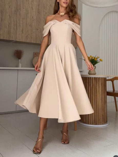 Aurohaya Elegant Off-the-shoulder Draped Maxi Dress Apricot