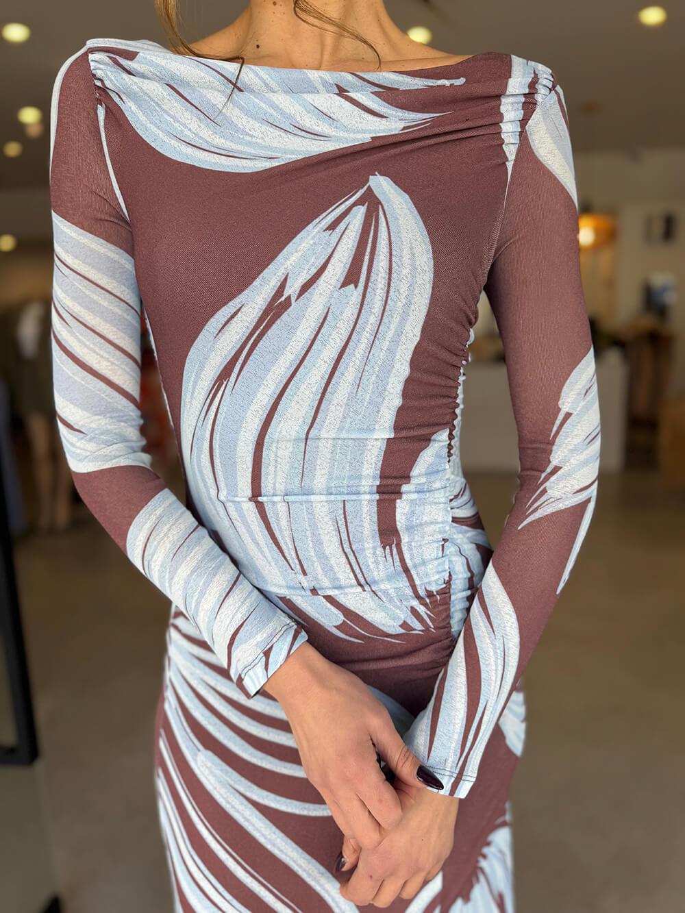 Aurohaya Elegant Printed Off-Shoulder Ruched Front Slits Maxi Dress