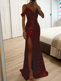 Elegant V-Neck Sequin Side-Slit Sleeveless Gown Maxi Dress