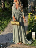 Aurohaya Beautifully Pleated Draped V-Neck Batwing Sleeve Maxi Dress