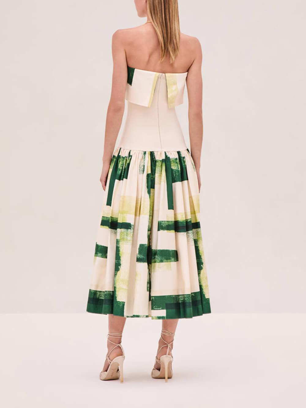 Aurohaya Elegant Printed Strapless Ribbed Bodycon Midi Dress