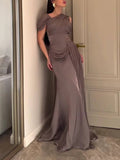 Elegant Draped Sash Satin Evening Gown Maxi Dress