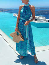 Bohemian Unique Print Slit Belted High Collar Maxi Dress