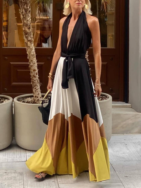 Aurohaya Elegant Geometric Patchwork Backless Tie-Back Maxi Dress