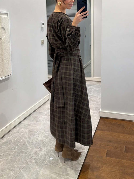 Aurohaya Retro Plaid Print Belted Midi Dress