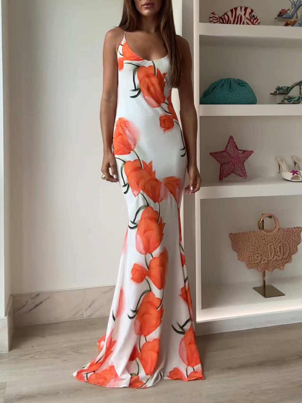Aurohaya Exquisite Satin Open Back Floral Print Maxi Dress White