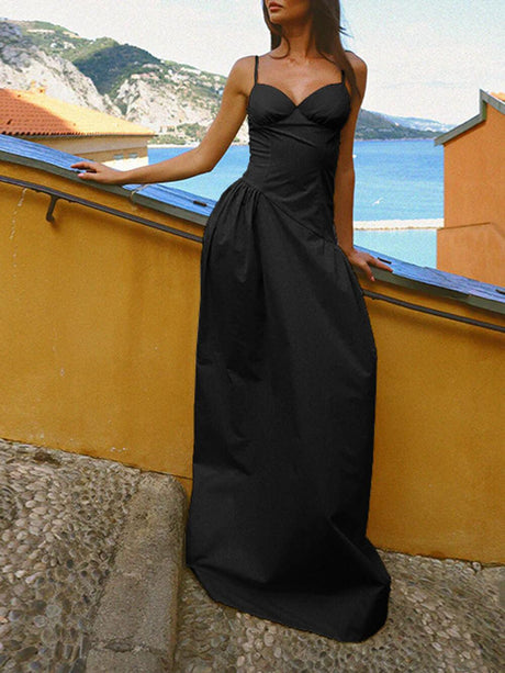 Aurohaya Summer A-Line Fitted Vacation Spaghetti Strap Maxi Dress Black