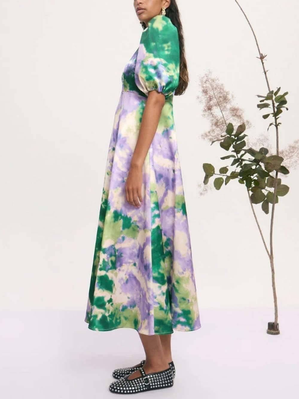 Aurohaya Retro Tie-Dye Puff Sleeve A-Line Maxi Dress