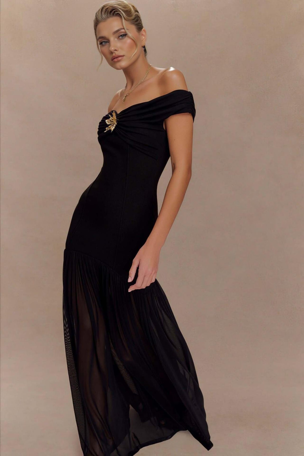 Aurohaya Elegant Floral-Embellished Strapless Bodycon Maxi Dress