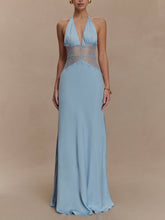 Elegant Lace-Panel V-Neck Lace-Up Satin Maxi Dress