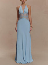 Aurohaya Elegant Lace-Panel V-Neck Lace-Up Satin Maxi Dress Blue