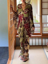 Aurohaya Retro Printed Flowing Bat Sleeve Maxi Dress Green