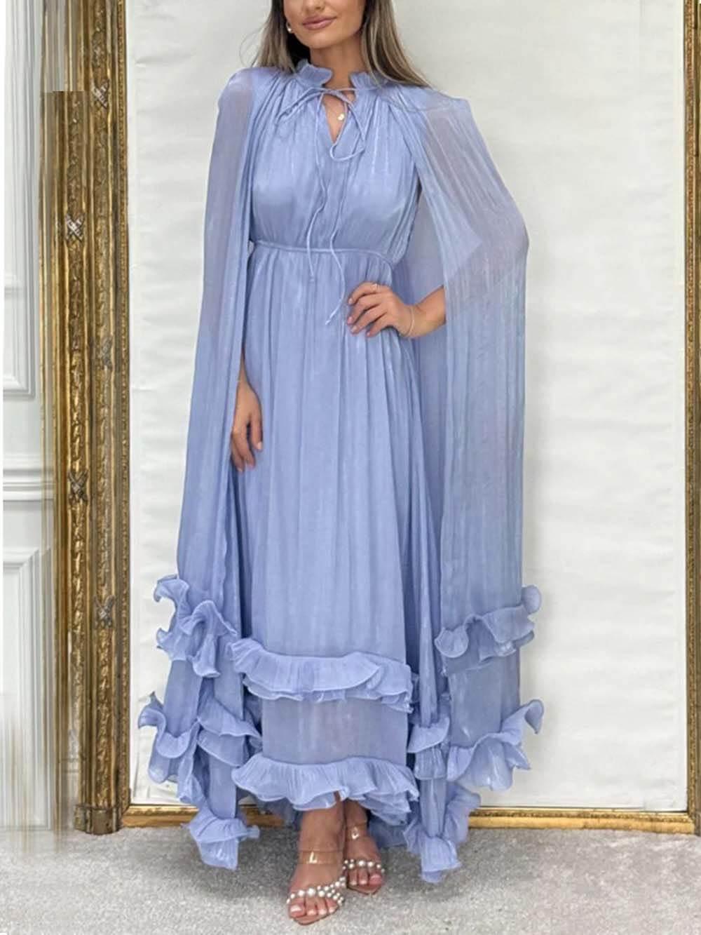 Aurohaya Exquisite Fashionable V-neck Lace-up Ruffled Double-layer Hem Maxi Dress Blue