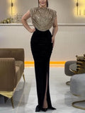 Sequin Panel Sleeveless Party Slit Dress