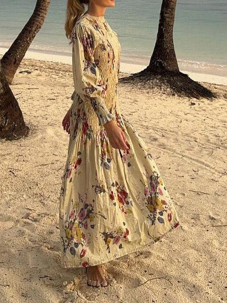 Aurohaya Elegant Crinkled Floral Print Puff Sleeve Maxi Dress