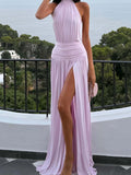 Aurohaya Fashion Halter Neck Pleated Slit Maxi Dress