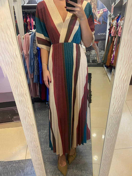 Aurohaya Elegant Irregular Stripe Print Pleated Maxi Dress