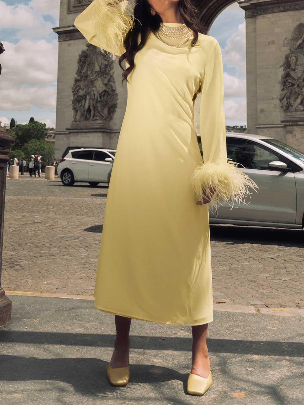 Aurohaya Elegant High-Neck Feather Cuff Chiffon Midi Dress
