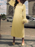 Aurohaya Elegant High-Neck Feather Cuff Chiffon Midi Dress