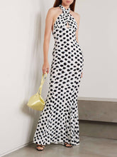 Aurohaya Elegant Cutout Polka Dot Print Stretch Halter Maxi Dress White