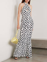 Elegant Cutout Polka Dot Print Stretch Halter Maxi Dress