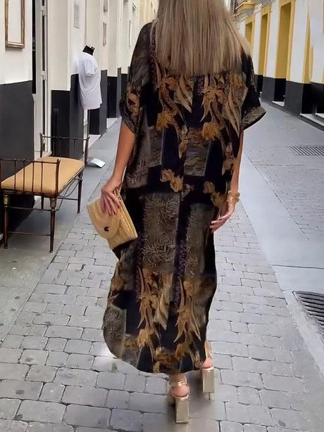 Aurohaya Retro Satin Print V-Neck Shirt Midi Dress