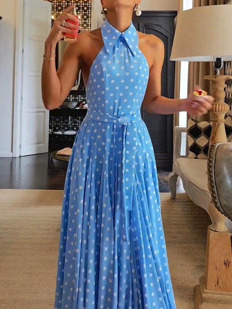 Aurohaya Elegant Polka Dot Print Open Back Puffy Maxi Dress