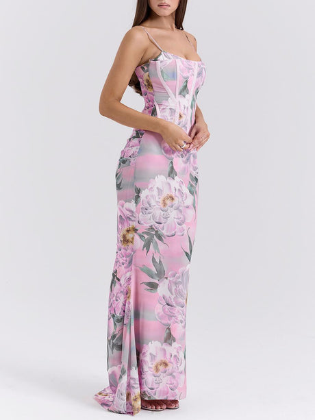 Aurohaya Retro Pink Floral Print Corset Maxi Dress