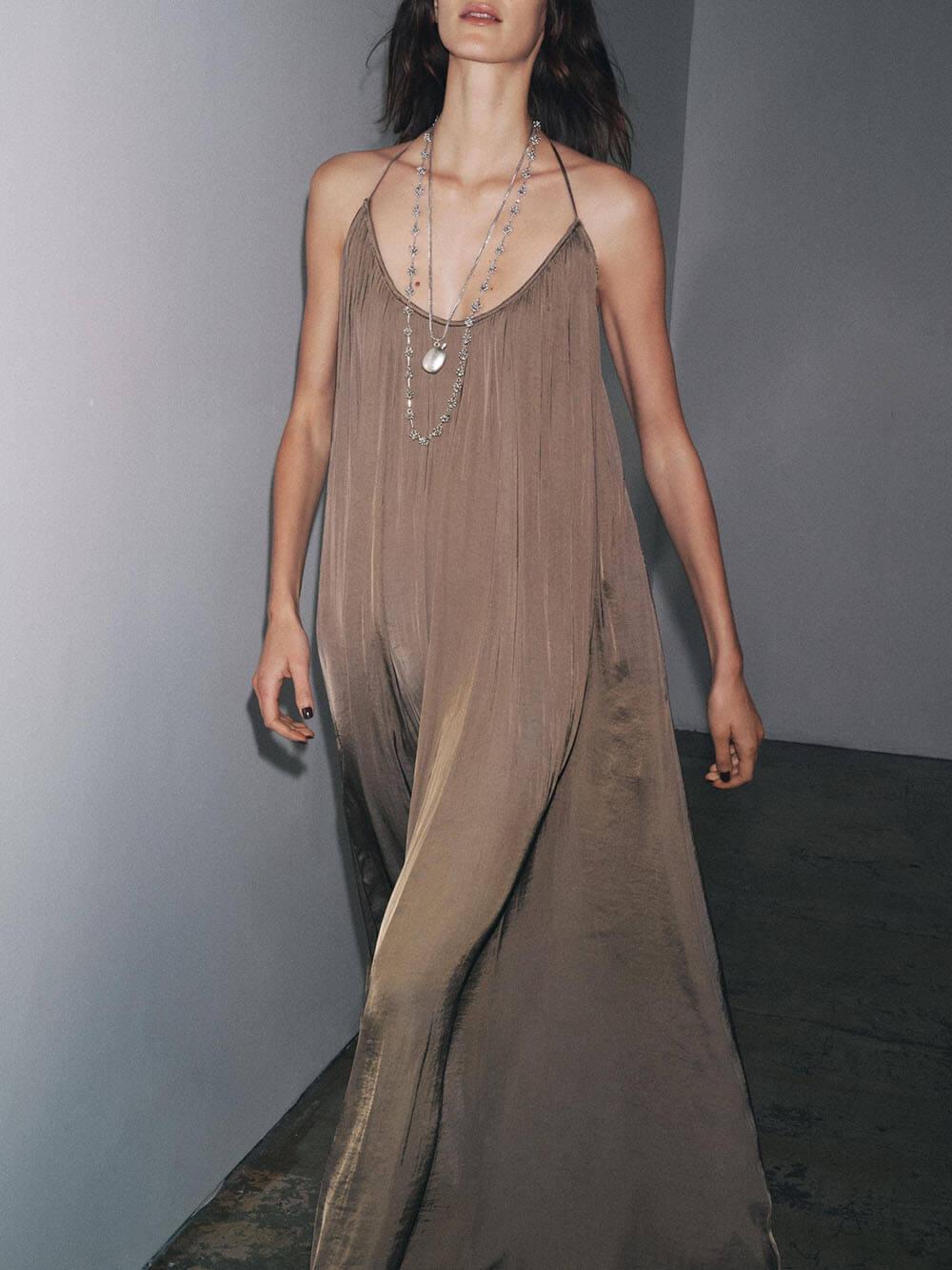Aurohaya Elegant Pleated V-Neck Halter Maxi Dress