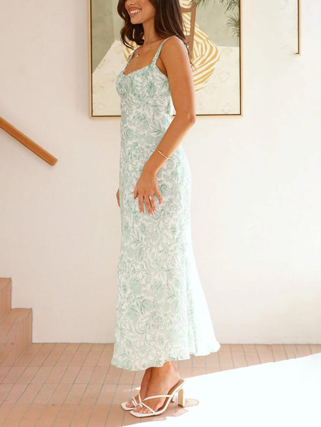 Aurohaya Sophisticated Floral Print Open Back Pleated Midi Dress