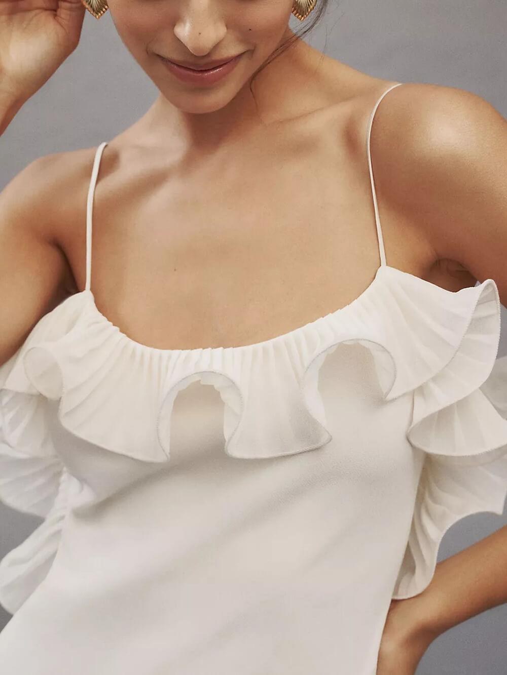 Aurohaya Elegant Pleated Chiffon Ruffle Trim Spaghetti Strap Maxi Dress