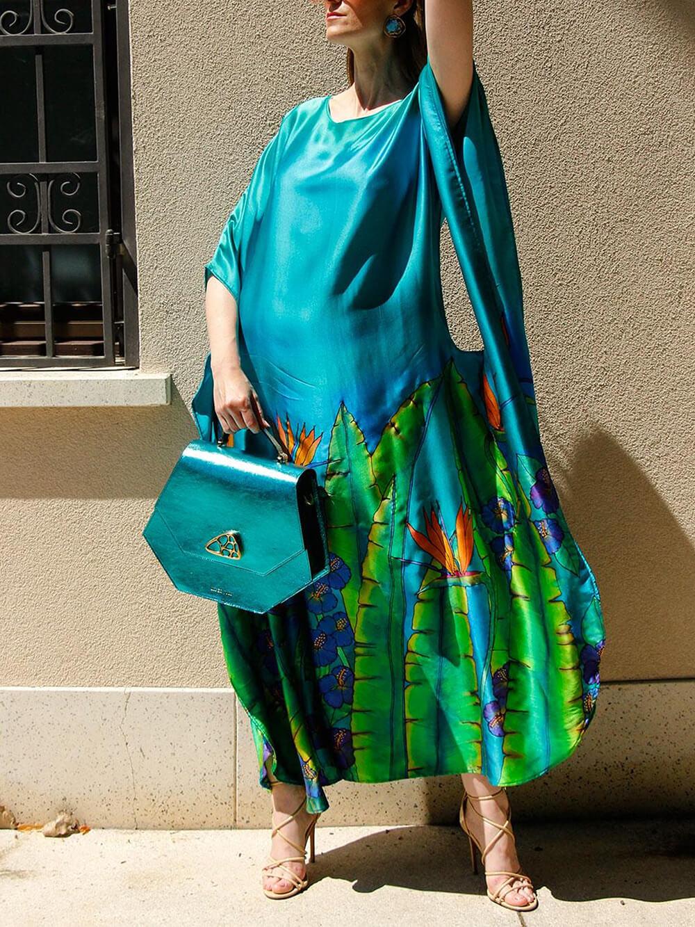 Aurohaya Bohemian Floral Print Satin Maxi Dress