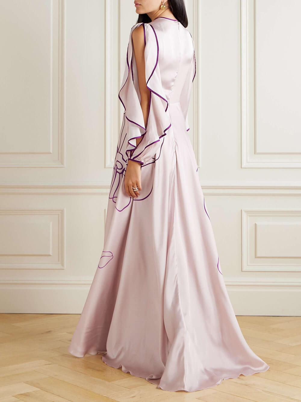 Aurohaya Retro Ruffled Cutout Floral Print Satin Maxi Dress