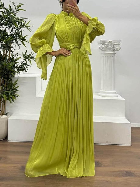 Aurohaya Fashionable Pleated Waist Long-Sleeved Chiffon Evening Maxi Dress Green