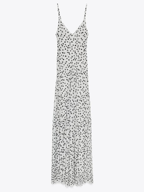 Aurohaya Elegant Polka Dot Print V-Neck Spaghetti Strap Flounce Hem Maxi Dress